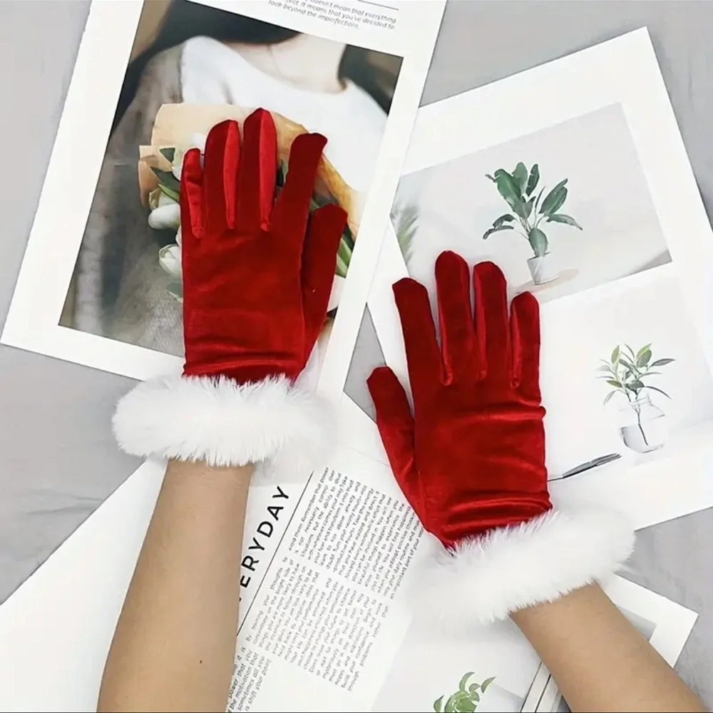 Gloves for Women, NEW, Red & White Color, Faux Fur